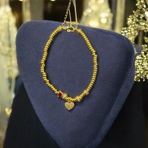 🆕Gold plated beaded bracelet w/CZ heart charm&ruby red heart bead,hook closure♥️